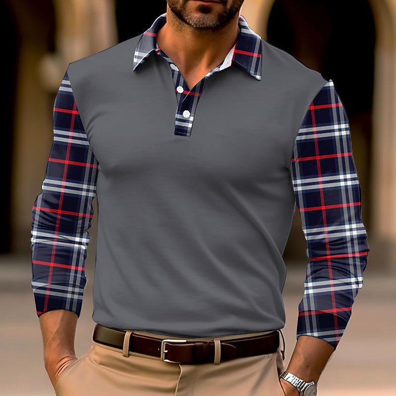 Men's Plaid Polo Shirts Golf Shirt Long Sleeve Polo Shirts Collared Shirts Business Casual WorkWear Formal Wear Festival Wear 3D Print Buttons Fall & Winter Black White Dark Navy3