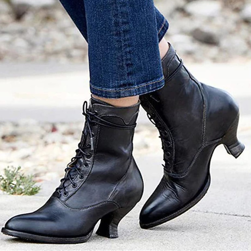 Women's Black Vintage Lace-Up Ankle Boots - Retro Faux Leather Victorian-Style Shoes for Cosplay, Reenactments, and Special Occasions