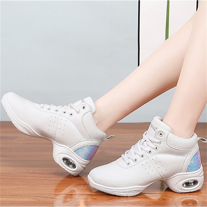 Women's Jazz Shoes Dance Sneakers Line Dance Performance Training Party Leatherette Loafers Softer Professional Split Sole Thick Heel Round Toe Lace-up Teenager Adults' Black / Gold White / Silver4