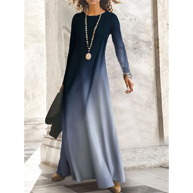 Women's Maxi Dress Vintage Bohemian A Line Dress Crew Neck Long Sleeve Casual Winter Dress Shift Dress Fashion Modern Mature Outdoor Daily Date Regular Fit Ombre Yellow Blue Purple Khaki Fall Winter3
