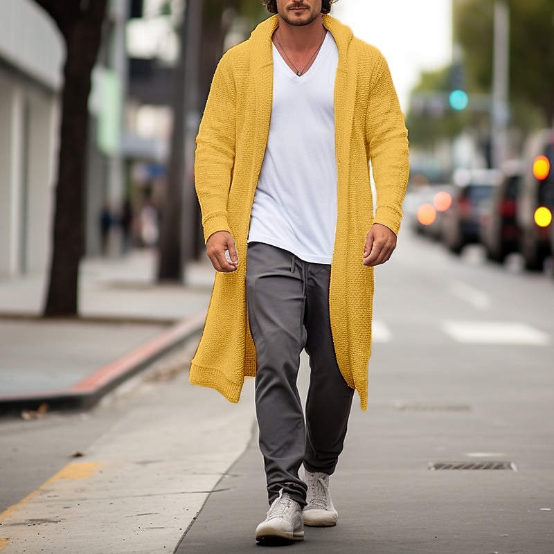 Men's Sweater Cardigan Sweater Fall Sweater Ribbed Knit Long Button Knitted Plain Lapel Fashion Warm Ups Casual Daily Wear Clothing Apparel Fall & Winter Wine Red Yellow S M L3