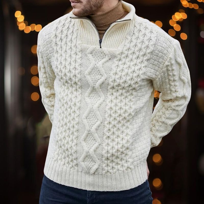 Men's Irish Pullover Aran Pullovers Christmas Sweaters Pullover Sweater Jumper Quarter Zip Pullover Sweater Ribbed Cable Knit Regular Half Zip Knitted Plain Stand Collar Modern Contemporary Xmas Work2