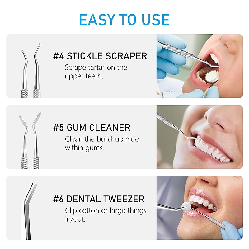6 Pcs Dental Tools- Plaque Remover for Teeth - Professional Dental Hygiene Cleaning Kit 6-Pcs Stainless Steel Oral Care Set with Tweezer Tartar Scalar Mouth Mirror4