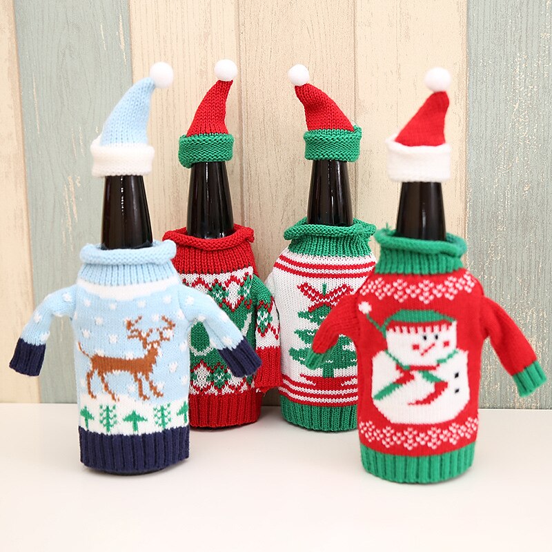 2 Pack Wine Bottle Sweater Cover Bag Santa Knitted Hat New Years Christmas Family4
