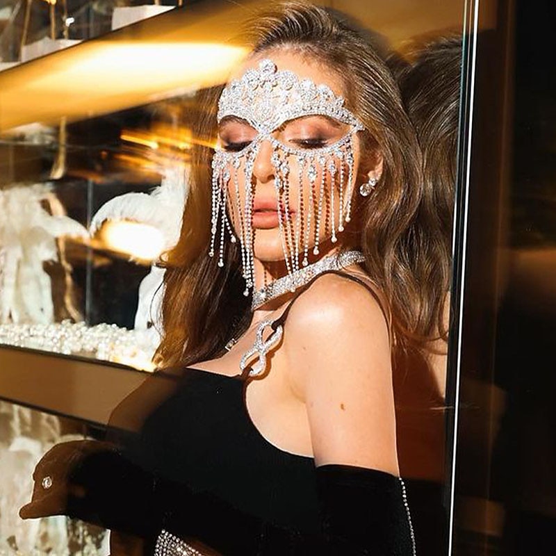 Women's Crystal Fringe Face Mask Rhinestone Tassel Mask Veil Face Chain Masquerade Mask Chain Costume Headwear Halloween Carnival4