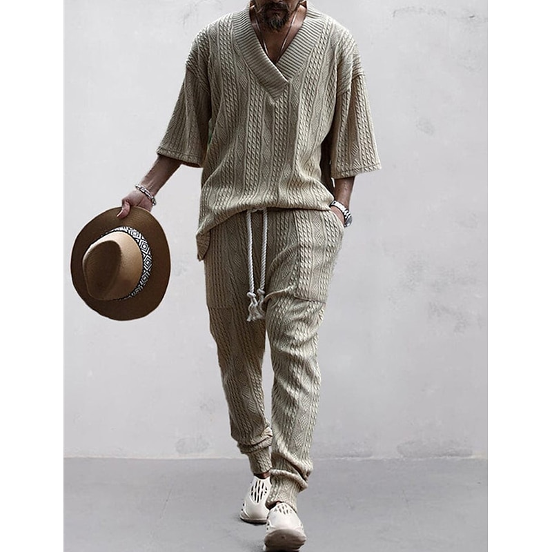 Men's T-shirt Suits Tracksuit Tennis Shirt Tees and Drawstring Long Pants 3/4-Length Sleeve V Neck Spring &  Fall Plain Gymnatics Casual 2 Piece Knitting Vacation Daily Wear Activewear Black White