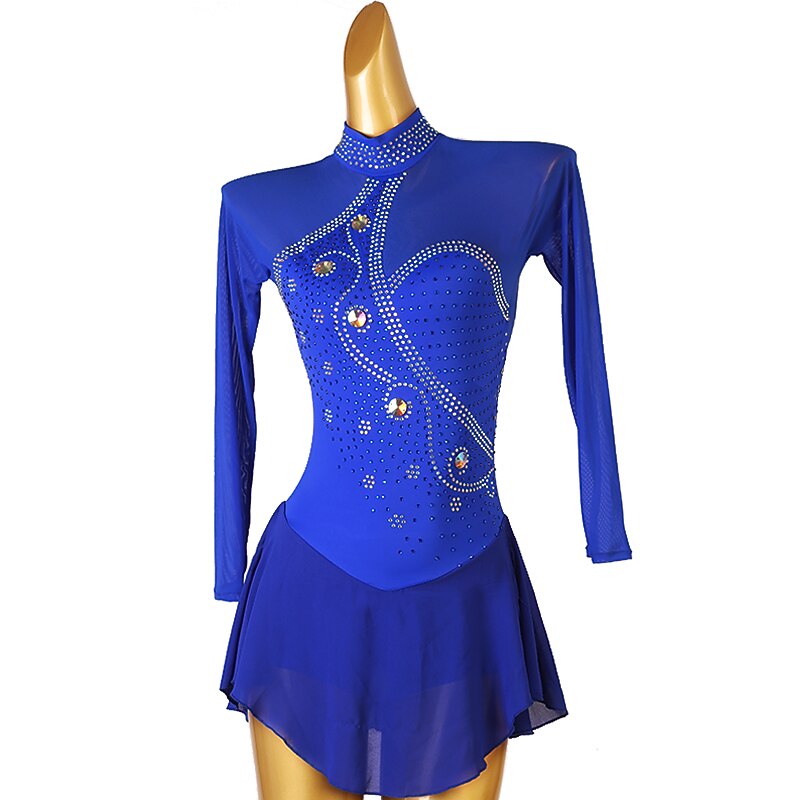 Figure Skating Dress Women's Girls' Ice Skating Dress Black Royal Blue Patchwork Mesh High Elasticity Training Competition Skating Wear Classic Crystal / Rhinestone Long Sleeve Ice Skating Figure4