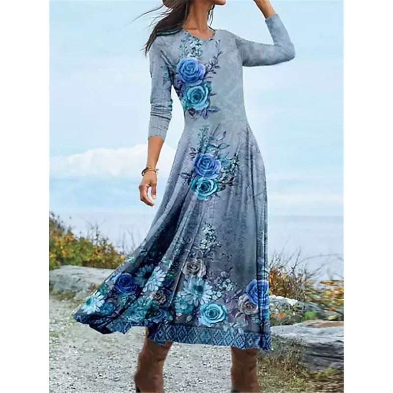 Women's Midi Dress A Line Dress Casual Dress Winter Dress Swing Dress Fashion Streetwear Mature Formal Outdoor Vacation Regular Fit Floral Long Sleeve Crew Neck Blue Green Fall Winter3