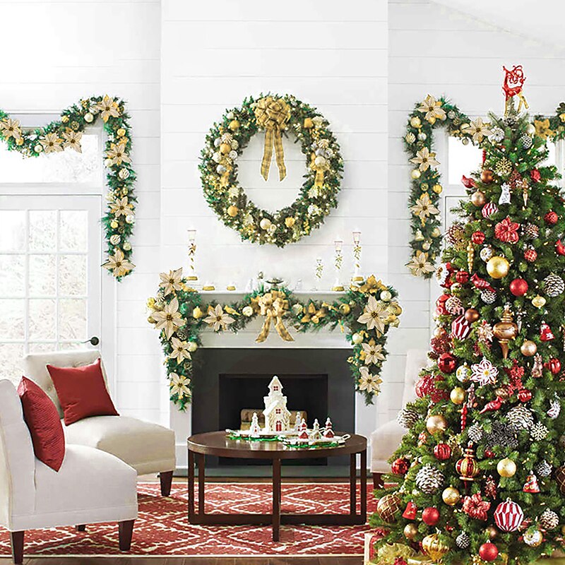 8.8 ft./2.7m Artificial Christmas Garland Staircase Decoration Green Rattan with Flower Decorations  for Home Stairs Fireplace Front Porch Door Display Indoor Outdoor Christmas Decor2