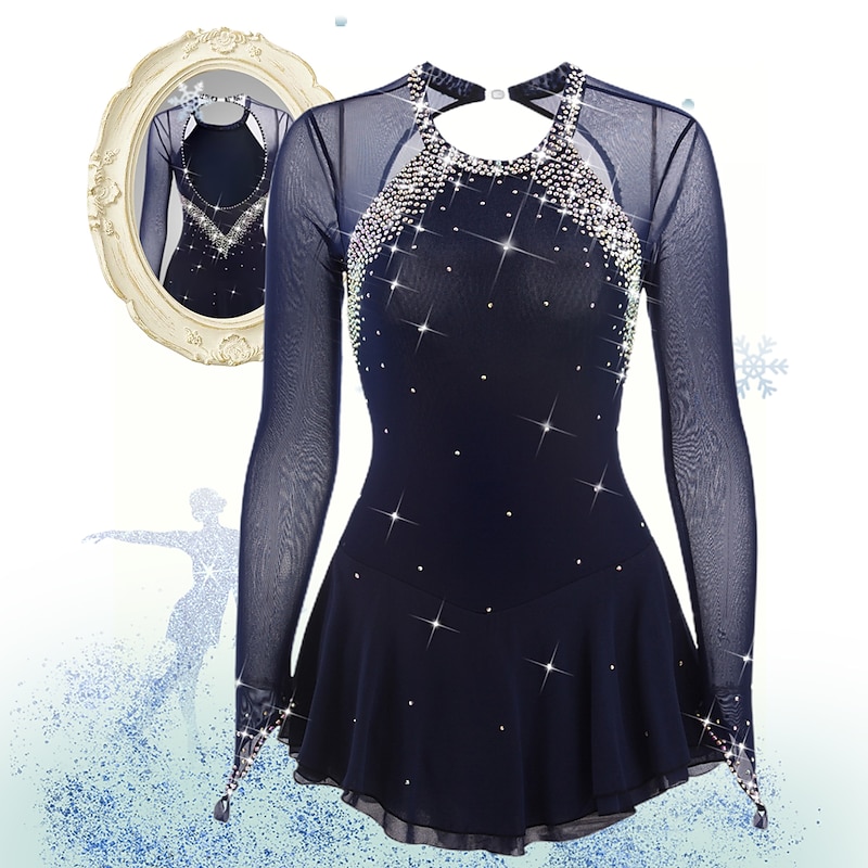 Figure Skating Dress Women's Girls' Ice Skating Dress Black White Yellow Open Back Mesh Spandex High Elasticity Practice Competition Skating Wear Jeweled Rhinestone Long Sleeve Ice Skating Figure