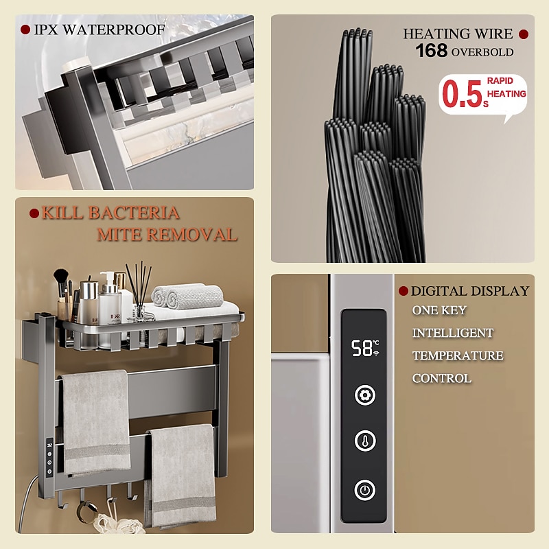 Wall Mounted Electric Towel Warmer with Timer & Temperature Multi-Level Adjustments Hardwired & Plug-in Fast Heating Adorable Contemporary Modern Aluminum 1PC3