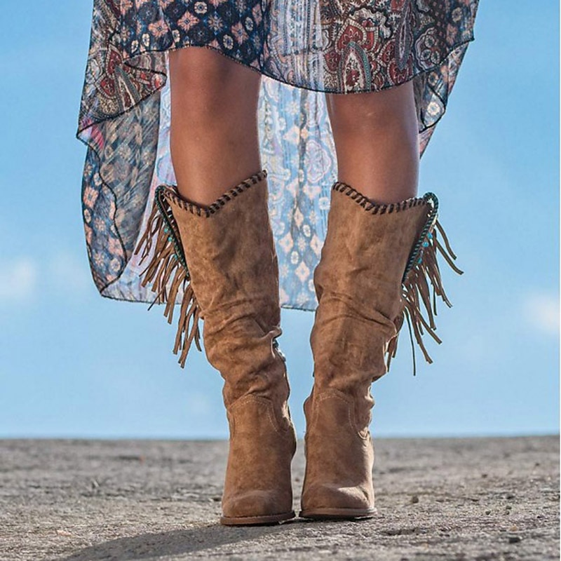 Women's Retro Western-Style Fringe Suede Boots - Mid-Calf Brown Heeled Boots for Casual and Boho Outfits3