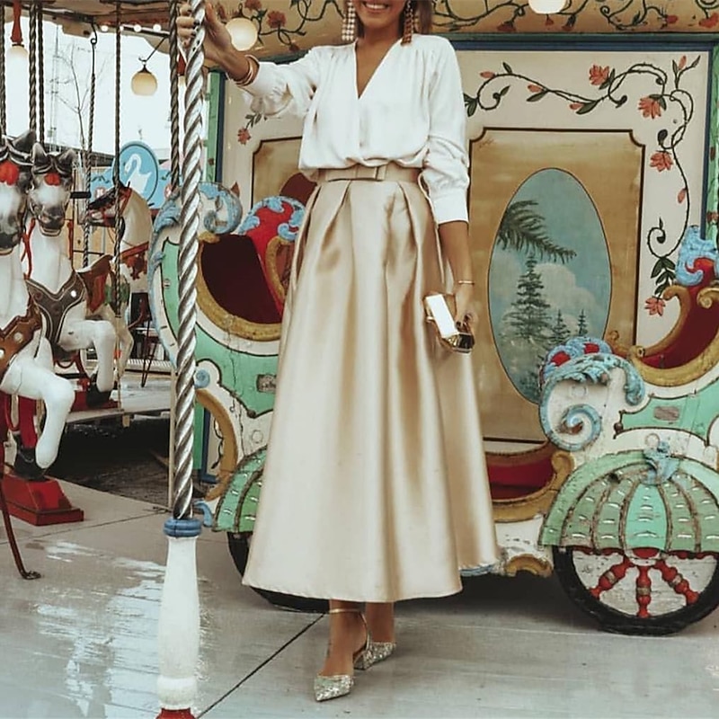 Beach Wedding Two Piece Cocktail Dresses Elegant Dress Wedding Party Wear Tea Length Long Sleeve V Neck Satin with Pleats Dresses3