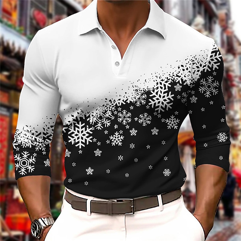 Christmas Men's Christmas Scene 3D Polo Snowflake Casual Golf Long Sleeve Outdoor Casual Daily Streetwear Fall & Winter 3D Print Turndown Lake blue Black Wine Micro-elastic Polyester2