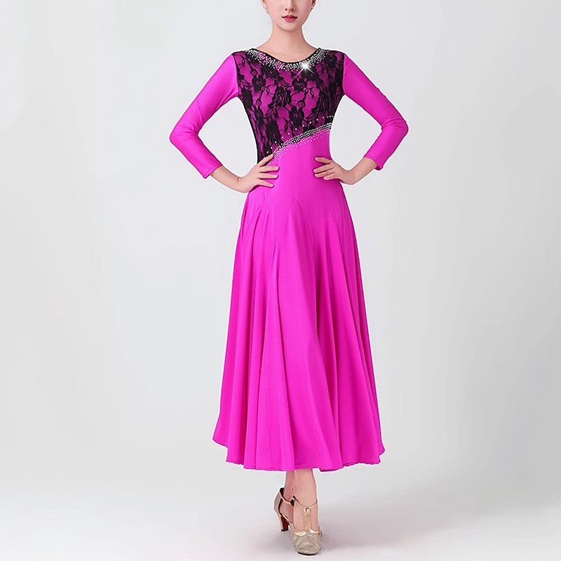 Ballroom Dance Dress Lace Pleats Splicing Women's Performance Party 3/4 Length Sleeve Spandex4