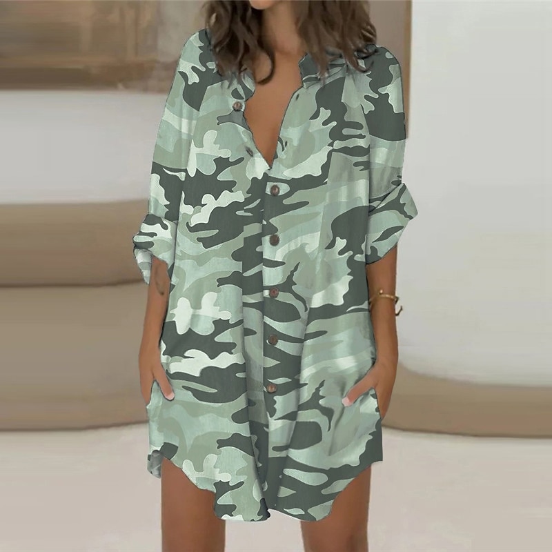 Women's Shirt Dress Casual Dress Mini Dress Winter Dress Daily Holiday Polyester Casual Shirt Collar Button Pocket Long Sleeve Summer Spring Fall 2022 Loose Fit White Pink Blue Leopard Floral2