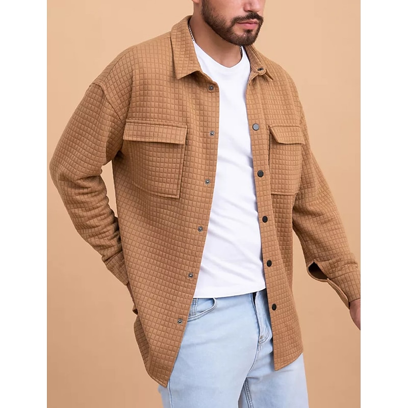 Men's Waffle Shirt Waffle Henley Shirt Shirt Jacket Overshirt Plain Outdoor Daily Wear Black White Brown Long Sleeve Lapel Fall & Winter Clothing Apparel Pocket4