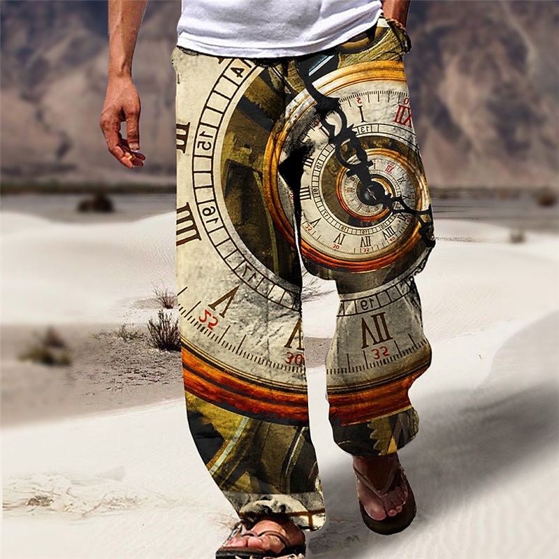 Machine Clock Casual Men's 3D Print Pants Trousers Outdoor Street Going out Polyester Black Red Khaki S M L Mid Waist Elasticity Pants