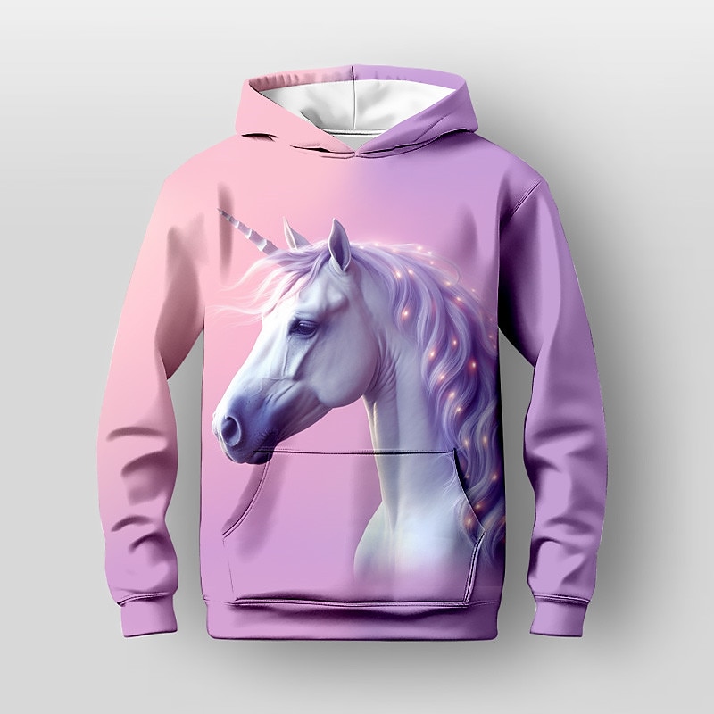 Girls' 3D Unicorn Scenery Hoodie Pullover Long Sleeve 3D Print Fall Winter Active Fashion Cute Kids 3-12 Years 4-12 Years Outdoor Casual Daily Regular Fit2