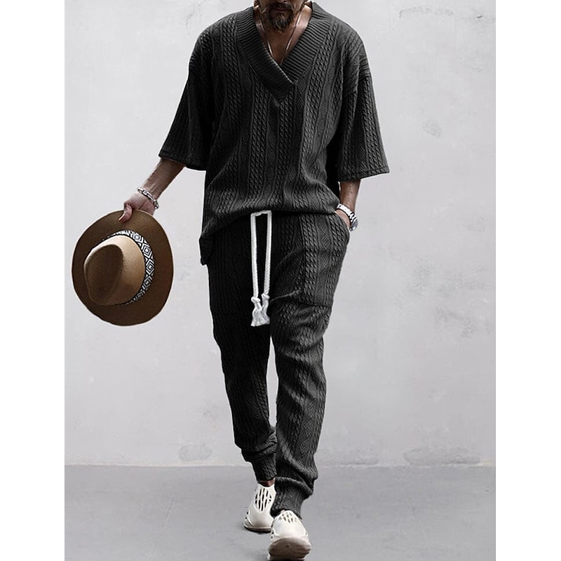 Men's T-shirt Suits Tracksuit Tennis Shirt Tees and Drawstring Long Pants 3/4-Length Sleeve V Neck Spring &  Fall Plain Gymnatics Casual 2 Piece Knitting Vacation Daily Wear Activewear Black White4