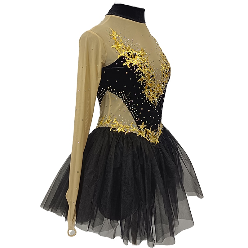 Figure Skating Dress Women's Girls' Ice Skating Dress Black Golden Patchwork Thumbhole Mesh Spandex Stretchy Training Practice Professional Skating Wear Crystal / Rhinestone Long Sleeve Figure Skating3