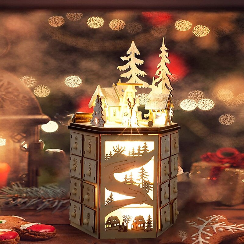 Christmas Advent Calendar, LED Revolving Music Box Advent Calendar Decorated with Christmas Tree Reindeer House LED Lights, Lighted Wooden Carved 24 Day Countdown to Christmas Calendar, 24 Storage Dra4