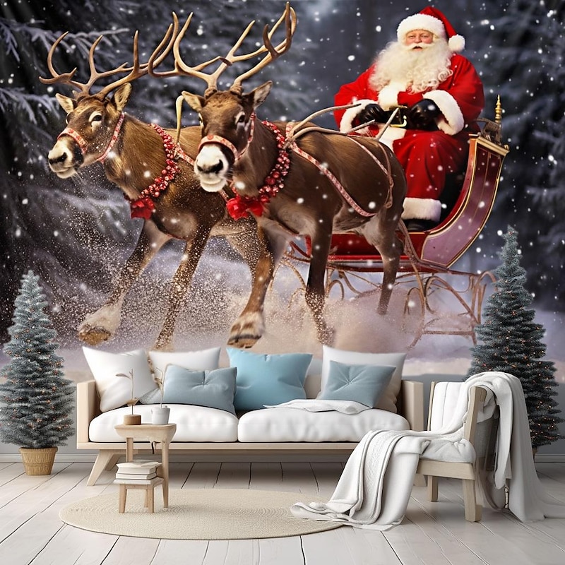 Christmas Decorations Santa Sled Hanging Tapestry Wall Art Xmas Large Tapestry Mural Decor Photograph Backdrop Blanket Curtain Home Bedroom Living Room Decoration2