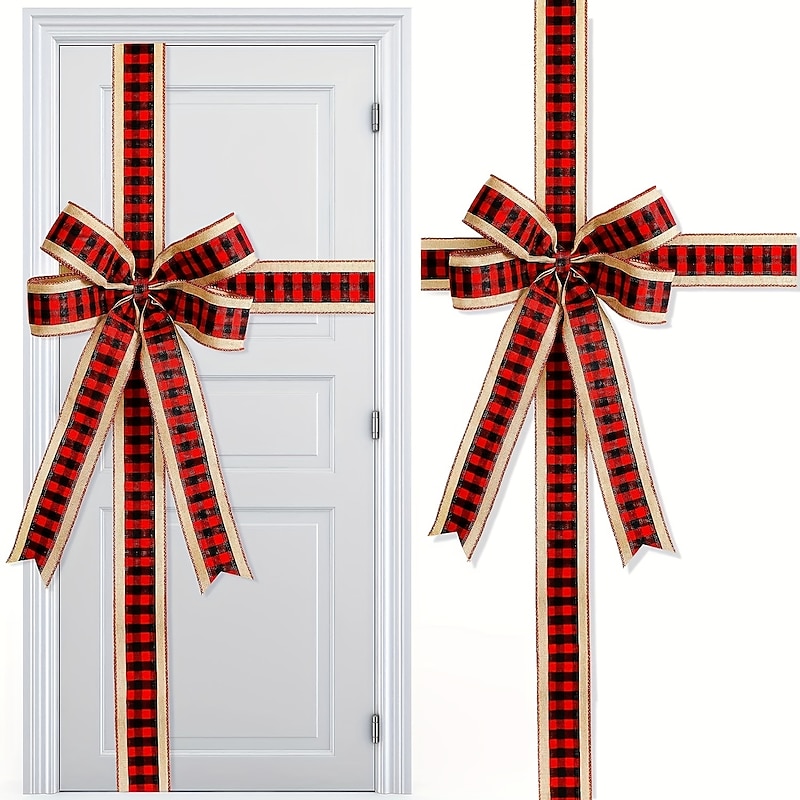 1pc Christmas Cabinet Door Ribbons Bows Large Christmas Burlap Plaid Red Ribbons Bows Cabinet Door Festive Ribbons Bows Buffalo Check Ribbon Bow for Christmas Home Door Party Decorations3