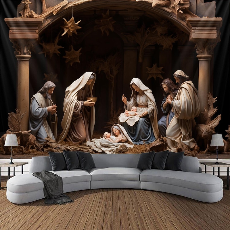 Christmas Decorations Nativity Baptism Hanging Tapestry Wall Art Xmas Large Tapestry Mural Decor Photograph Backdrop Blanket Curtain Home Bedroom Living Room Decoration2