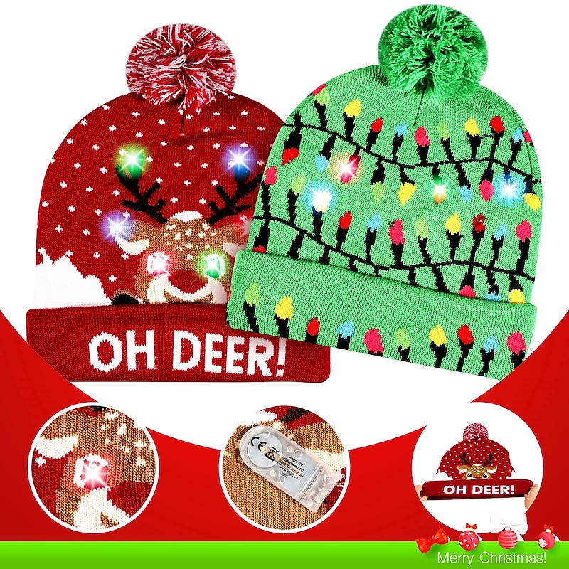 2 Pack LED Christmas Hat Light Up Christmas Hat Unisex Knitted Beanie Holiday Hat with Reindeer Christmas Tree Printing for Party4