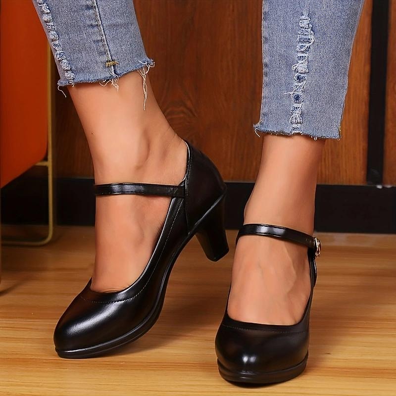 Women's Black Faux Leather Mary Jane Pumps - Mid Heel Comfort Shoes with Adjustable Strap for Office or Casual Wear3