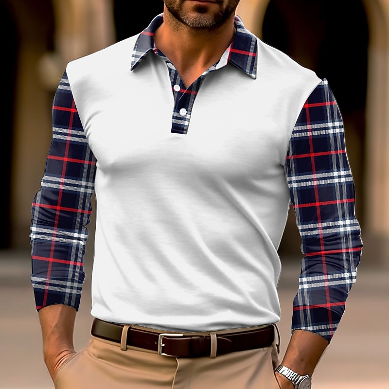 Men's Plaid Polo Shirts Golf Shirt Long Sleeve Polo Shirts Collared Shirts Business Casual WorkWear Formal Wear Festival Wear 3D Print Buttons Fall & Winter Black White Dark Navy4