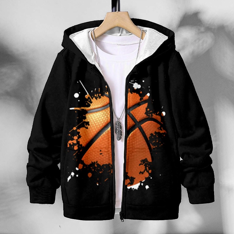 Boys 3D Basketball Hoodie Coat Outerwear Long Sleeve 3D Print Fall Winter Fashion Streetwear Cool Polyester Kids 3-12 Years Outdoor Casual Daily Regular Fit
