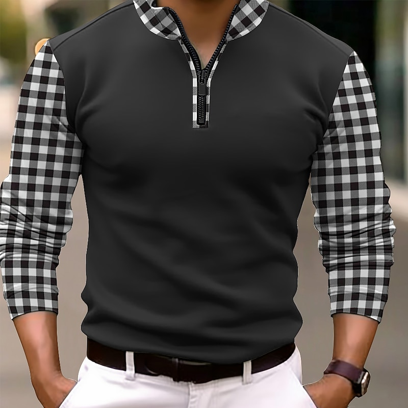 Men's Polo Shirts Quarter Zip Polo Vacation Work Lapel Long Sleeve Fashion Comfortable Color Block Plaid / Check Zip Up Spring &  Fall Regular Fit Black Orange Polo Shirts