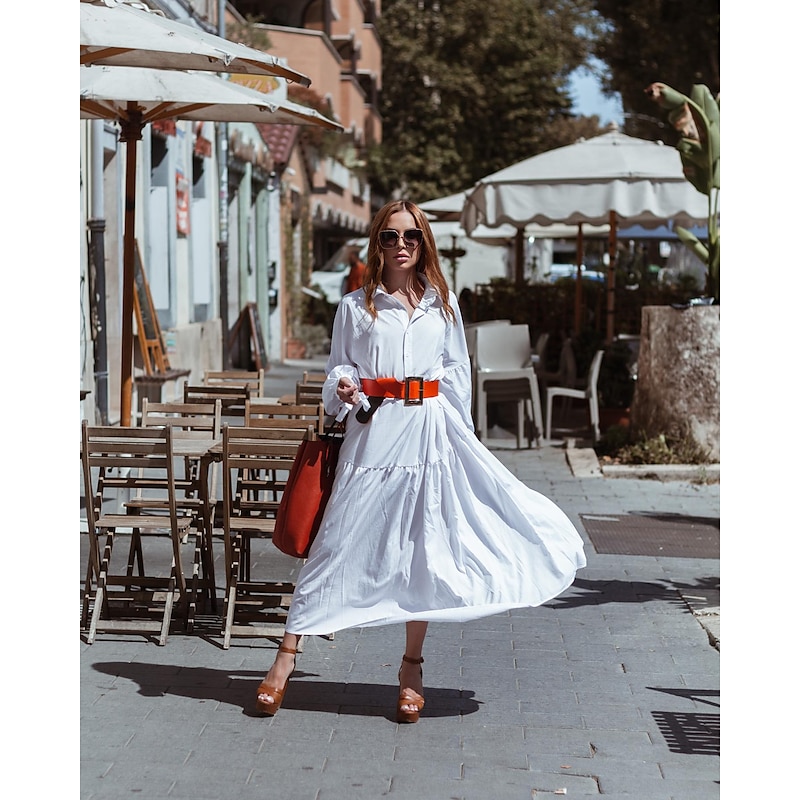 Women's White Dress Shirt Dress Casual Dress Maxi long Dress Outdoor Daily Polyester Fashion Casual Shirt Collar Lace up Button Long Sleeve Summer Spring Regular Fit Pure Color3