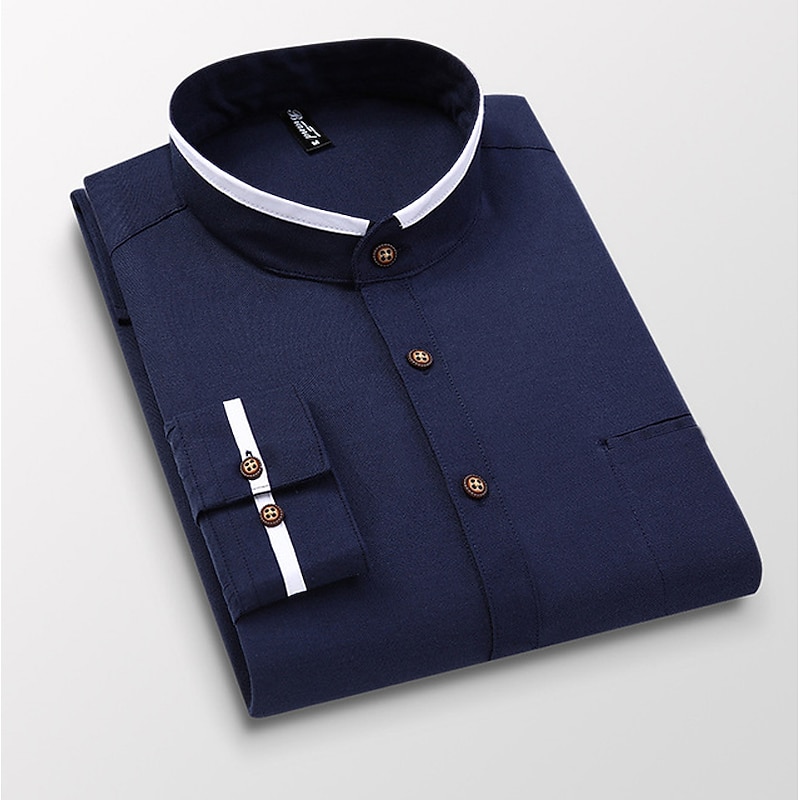 Men's Band Collar Shirt Dress Shirt Oxford Shirt Wedding Daily Wear White Navy Blue Gray Light Blue Long Sleeve Standing Collar All Seasons Clothing Apparel