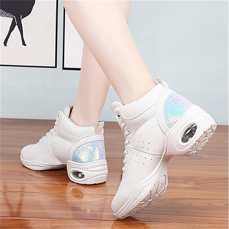 Women's Jazz Shoes Dance Sneakers Line Dance Performance Training Party Leatherette Loafers Softer Professional Split Sole Thick Heel Round Toe Lace-up Teenager Adults' Black / Gold White / Silver3