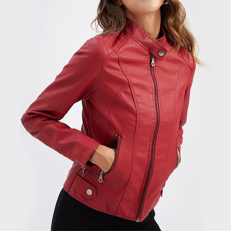 Women's Leather Jacket Fall Moto Blker Jacket Waterproof Windproof Winter Coat Zipper Stand Collar Outerwear with Pockets Street Plain Outerwear Long Sleeve Fall