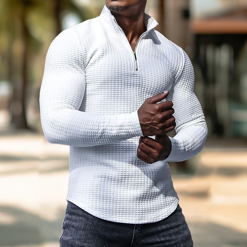 Men's Waffle Tee Waffle Shirt Zip Half Shirt Tee Top Long Sleeve Standing Collar Spring &  Fall Plain Fashion Designer Basic Zipper Vacation Street Going out Black White khaki Top Tee for Men