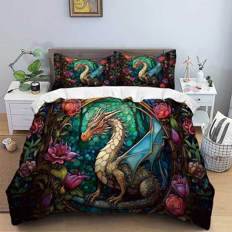 2PCS/3PCS Retro Retro Abstract Fire Dragon Pattern Bed Set Duvet Cover Lightweight and Soft Suitable for Adult and Child Big Bed Small Bed Set4