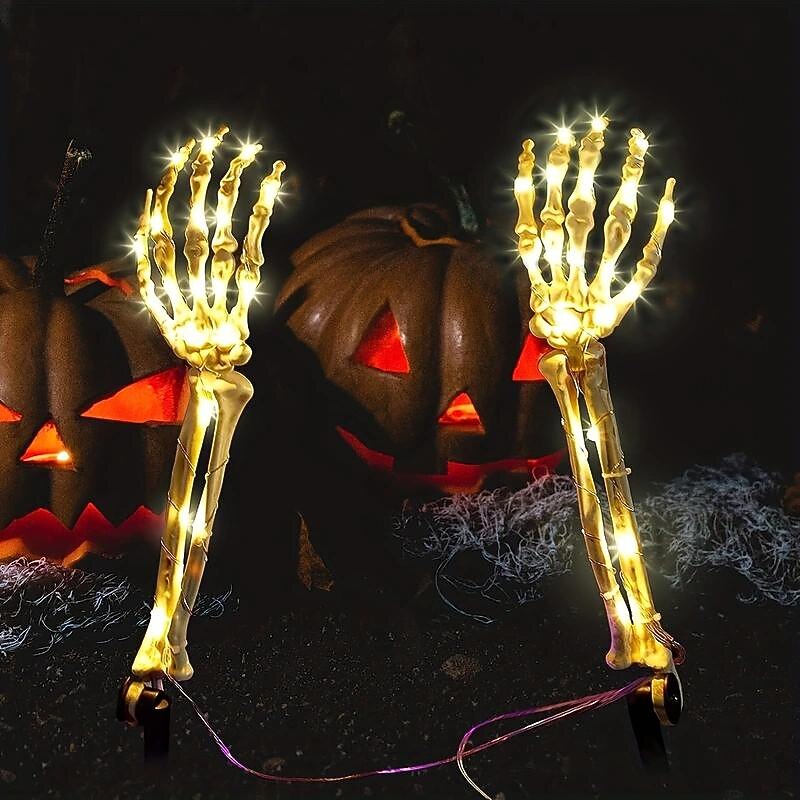 1 Pair Solar Halloween Decorations Light Lighted Skeleton 18inch Arms Hand Stakes, 40 LED Lights, Light Up Figurine Holiday Party Indoor Outdoor Decor for Garden Realistic Looking Skeleton Stake2