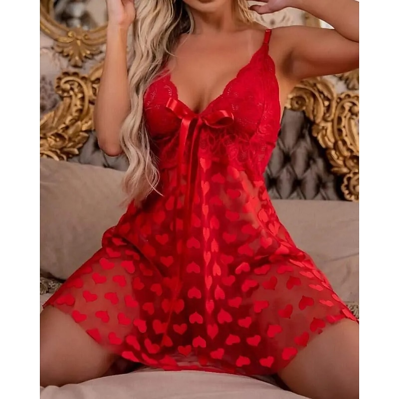 Women's Valentine Night Dress Sexy Lingerie Lace Slip Dress Mini Dress Hollow Out Heart V Neck Lounge Red Home Outfits Date Night Outfit