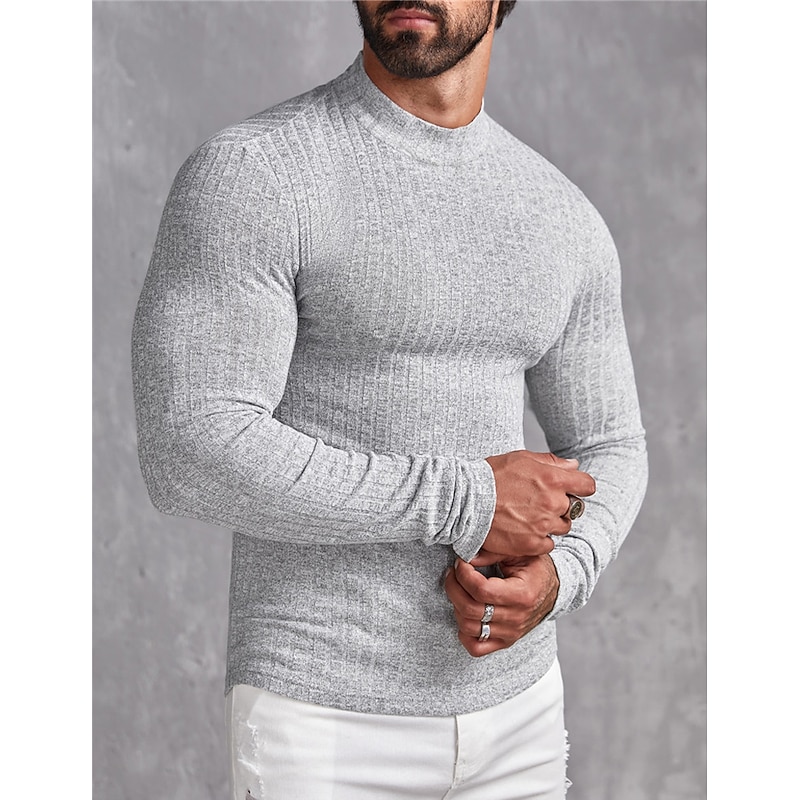 Men's T Shirt Tee Top Long Sleeve Shirt Long Sleeve Stand Collar Spring &  Fall Plain Pit Strip Fashion Designer Basic Knitted Ribbed Vacation Street Going out Light Grey Top Tee for Men