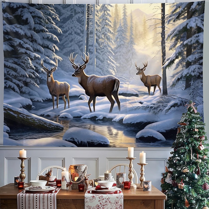 Winter Wonderland Hanging Tapestry Wall Art Large Tapestry Mural Decor Photograph Backdrop Blanket Curtain Home Bedroom Living Room Decoration Snow Reindeer 15