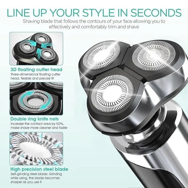 LCD Display Electric Shaver Dry/Wet Cordless Razor Type-C Quick Charging Rotary Floating Beard Trimmer3