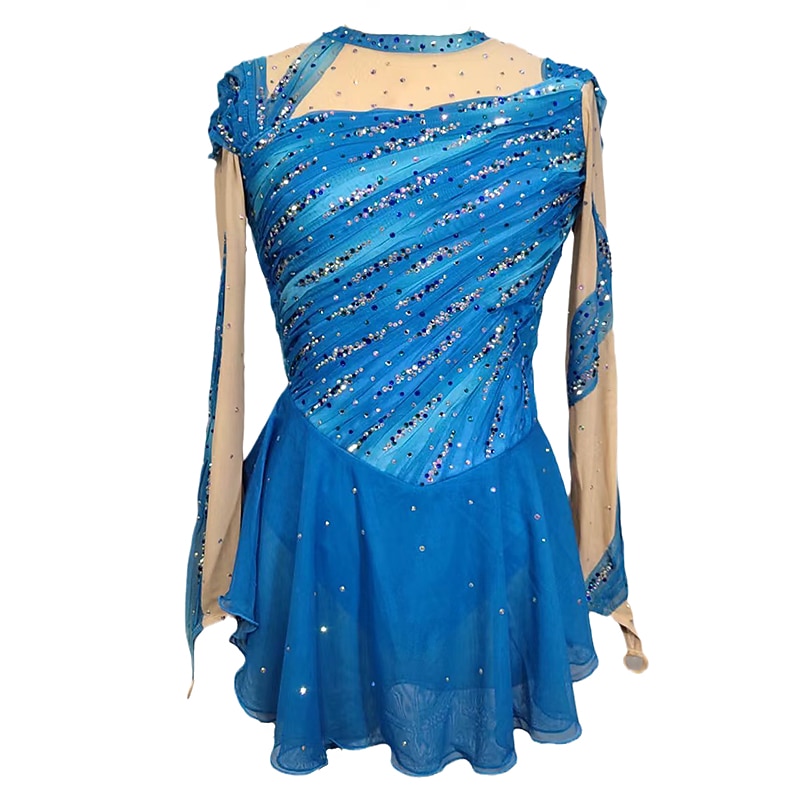 Figure Skating Dress Women's Girls' Ice Skating Dress Blue Patchwork Thumbhole Mesh Spandex Stretchy Training Practice Professional Skating Wear Crystal / Rhinestone Long Sleeve Figure Skating