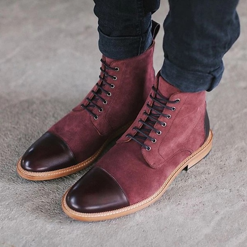 Men's Brown Leather and Denim Lace-Up Boots with Cap Toe and Rugged Sole | Stylish Vintage Ankle Boots2