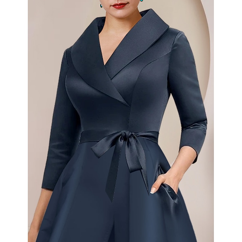 Jumpsuit Mother of the Bride  Tuxedo  Formal Wedding Guest Elegant Party Simple Shirt Collar Ankle Length Satin 3/4 Length Sleeve with Bow(s)4
