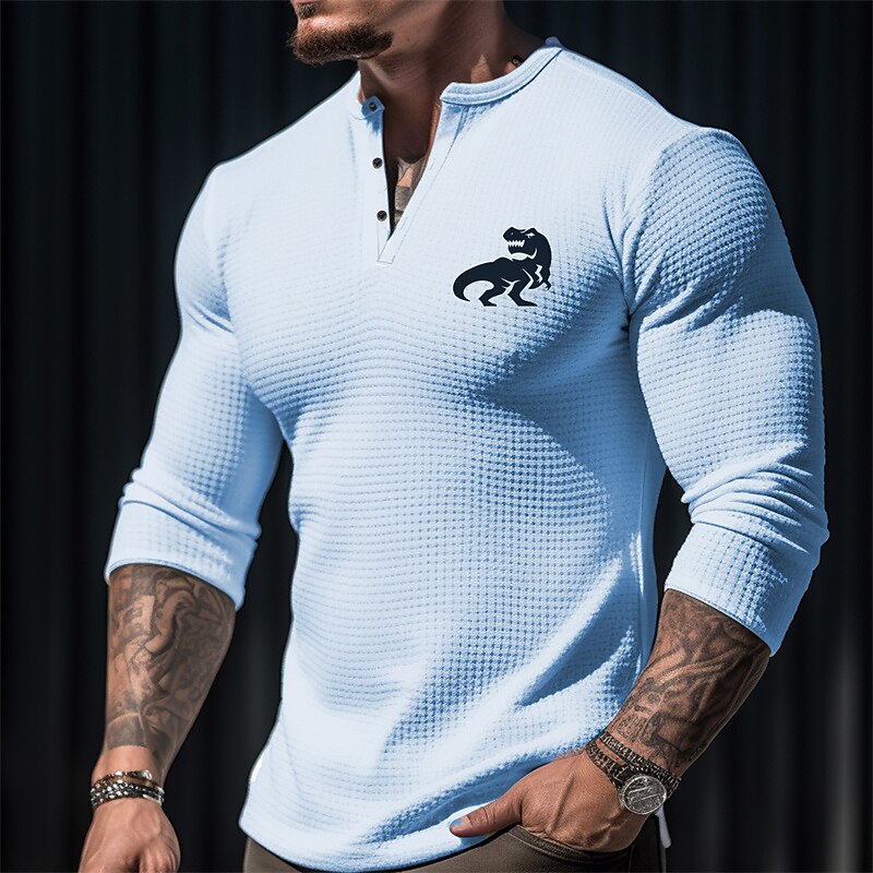 Men's Graphic Crocodile Henley Shirt Waffle T Shirt Long Sleeve 3D Print Fashion Designer Casual Sports Outdoor Casual Holiday Spring &  Fall White Pink Blue Beige Henley Henley T-Shirt3