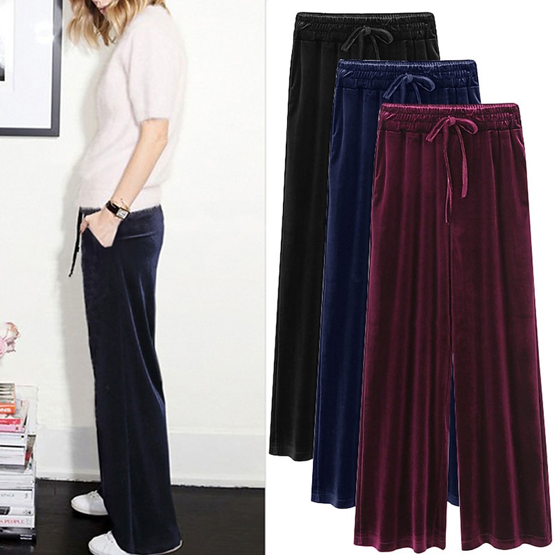 Women's Wide Leg Pants velvet Trousers Full Length Fashion Streetwear Outdoor Street Wine Black M L Fall Winter